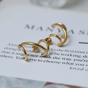Minimalist 18K gold plated triple hoop stud earrings with geometric spiral design