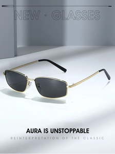 Detail of metal rectangular sunglasses with gold frame and premium dark grey lenses