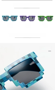 Detailed close-up of 8-bit pixelated sunglasses in blue, purple, and green plastic frames