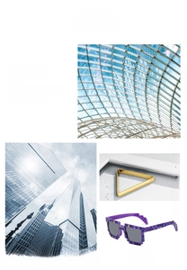 Detail view of purple pixelated sunglasses featuring retro mosaic frame design