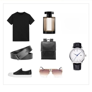 Flat lay of men's black fashion set with rimless sunglasses and leather accessories