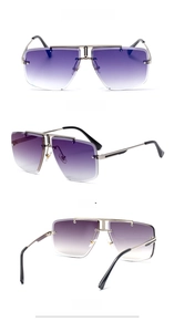 Multiple views of rimless square sunglasses with blue-purple gradient lenses and metal frame
