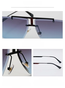 Detail of rimless square sunglasses with gradient blue lenses and reinforced metal hinges
