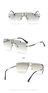 Three views of rimless pilot sunglasses with golden-green gradient lenses and metal frames