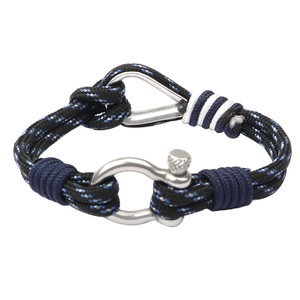 Blue and black woven paracord bracelet with a polished stainless steel heart shackle buckle