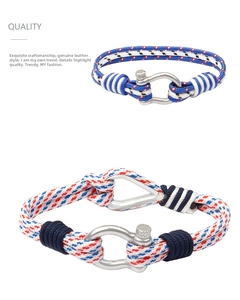 Detail of nautical braided paracord bracelets with silver metal U-shaped shackles