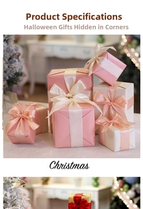 Detailed view of pink and beige festive gift boxes with satin ribbons under Christmas tree