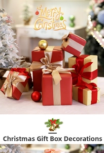 Detail of red and gold Christmas gift boxes with satin ribbons for holiday window display