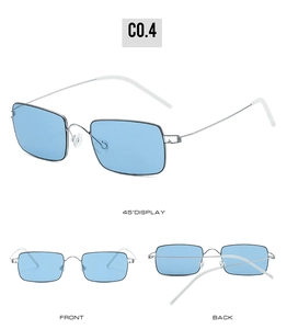 Detailed multi-angle views of lightweight silver rectangle sunglasses with light blue lenses