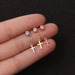 Zircon stud earrings with cross pendant in silver, gold, and rose gold finishes