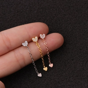 Zircon heart stud earrings with chain fringe in silver, gold and rose gold stainless steel