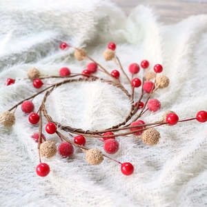 Christmas glass bead wreath with red berries and gold glitter balls on white faux fur