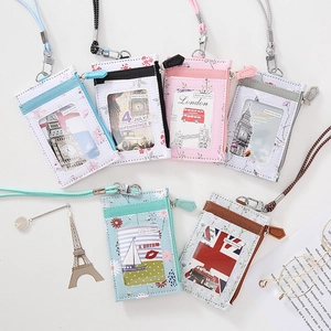 Floral PU leather card holder wallet with lanyard and multiple pockets for ID and cards