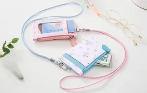 Detail of PU leather card holder wallet with floral patterns, zipper pocket and lanyard