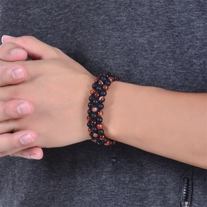 Mens woven matte black and striped tiger eye natural stone bead wrap bracelet