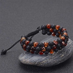Handmade Woven Beaded Bracelet Triple Layer Striped Agate Matte Black Stone Adjustable Wrap Ethnic Jewelry Unisex