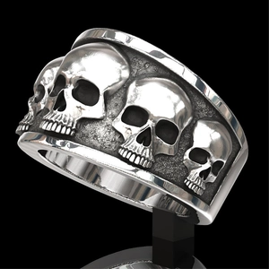 Retro silver punk skull ring with vintage distressed finish and 3D embossed metal details