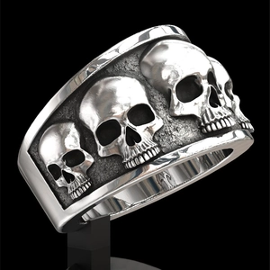 Men's punk gothic skull ring with detailed silver embossed carvings and wide band