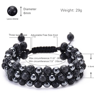 Three-layer braided lava stone bracelet with 6mm beads and adjustable cord 19-30cm