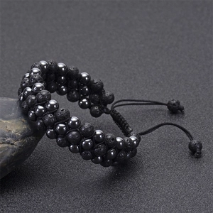 Triple-layer lava rock and magnetic hematite beaded bracelet with adjustable weave