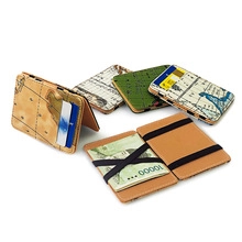 Detail of multi-functional PU leather wallet showing elastic money straps and map pattern