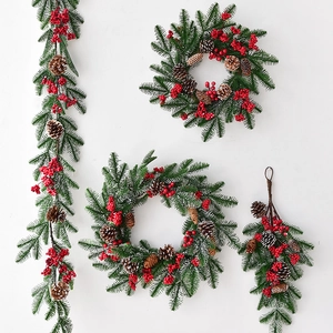 Christmas wreath and garland set with red berries, pine cones, and snowy PE leaves