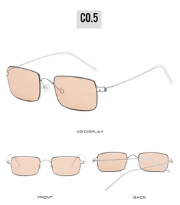Three-way view of ultra-light silver metal sunglasses with pale orange lenses and no screws