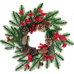 Christmas wreath with green pine needles, red berries, and pinecones on white background
