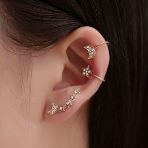 Gold Star Moon Earring Set Alloy Rhinestone Clip On And Stud Earrings With Stainless Steel Post For Women Fashion Jewelry