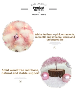Detail of pink Christmas tree with soft white feathers and a solid wood base