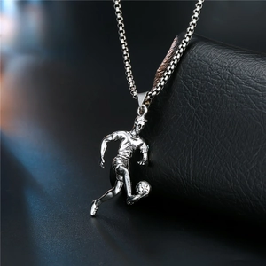 Antique silver punk skull soccer player pendant necklace in polished stainless steel for men