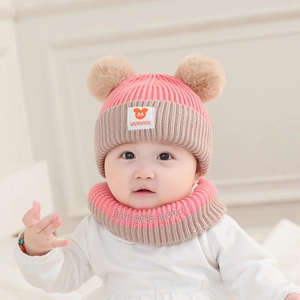 Baby Knitted Beanie And Scarf Pom Poms Thick Warm Yarn Faux Fur Autumn Winter For Infants Toddlers