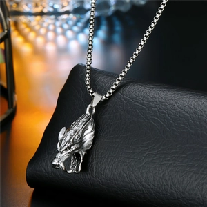 Punk style silver stainless steel wolf head pendant necklace with box chain for men