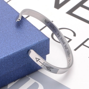 Silver stainless steel C-shaped cuff bracelet with motivational friendship engraving
