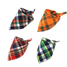 Detail showing 4-pack of plaid pet bandanas in navy, orange, red, and green colors