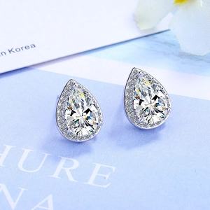 Elegant teardrop zircon stud earrings with pear-cut halo diamonds in silver finish