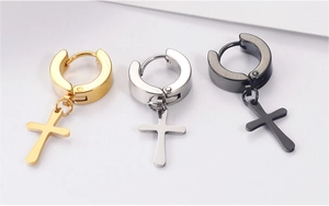Three-color stainless steel hoop earrings with cross pendants in gold, silver and black finish