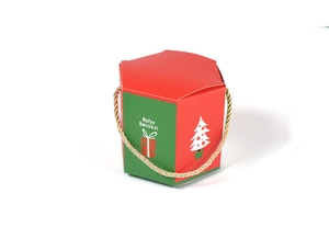 Hexagonal Christmas gift box detail featuring green cardstock and gold braided handle