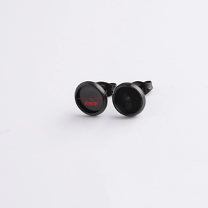 Detailed view of 8mm black stainless steel DIY round stud earring base with size markers