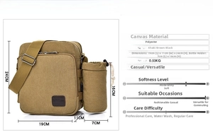 Detailed size chart for canvas crossbody bag with dimensions and technical specifications