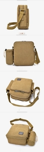 Detail view of khaki canvas crossbody bag with side water bottle pocket and multi-pockets