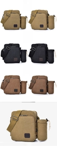 Detailed view of canvas crossbody bag with side water bottle pocket in three colors