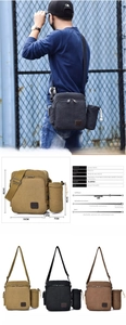 Detail view of canvas crossbody bag with detachable water bottle pouch and dimensions