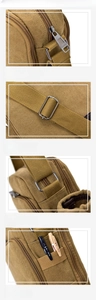 Detail of khaki canvas crossbody bag with smooth metal zippers and side pen pockets