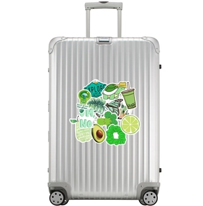 Waterproof green VSCO stickers applied to a silver metallic suitcase surface