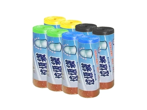 Detail of 8 rolls of colorful drawstring garbage bags with blue paper sleeves