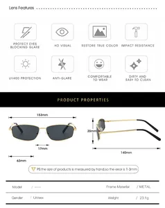Detailed size chart for metal square sunglasses including frame width and temple length