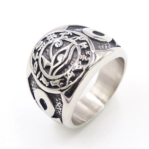 Detailed relief carving of Eye of Horus symbol on silver stainless steel wide ring