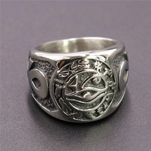 Macro detail of stainless steel ring showing Horus Eye relief and hammered texture