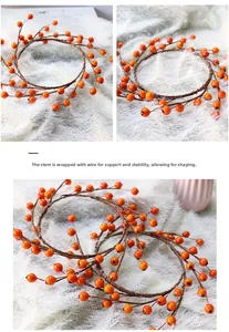 Detailed view of orange berry wreath with bendable iron wire stem for easy shaping